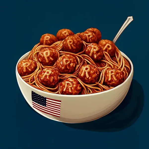 AI illustration featuring a bowl of spaghetti with meatballs imprinted with the registered trademark symbol on a blue background