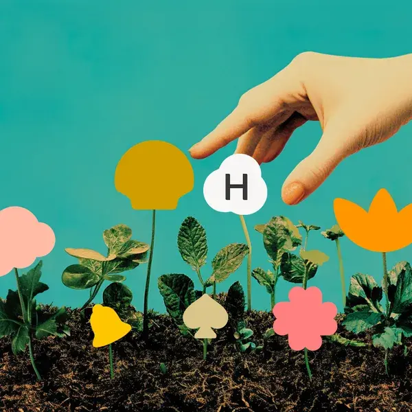 AI illustration of a garden with stylized shapes in place of flower heads and a woman's hand plucking a flower with a Haloo logo