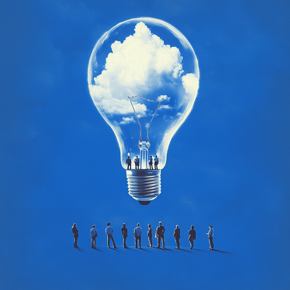 AI illustration featuring corporate employees looking a lightbulb with clouds inside