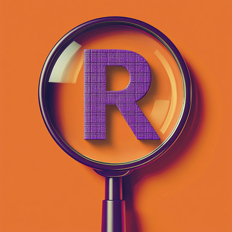 AI illustration featuring a magnifying glass focused on a registered trademark symbol