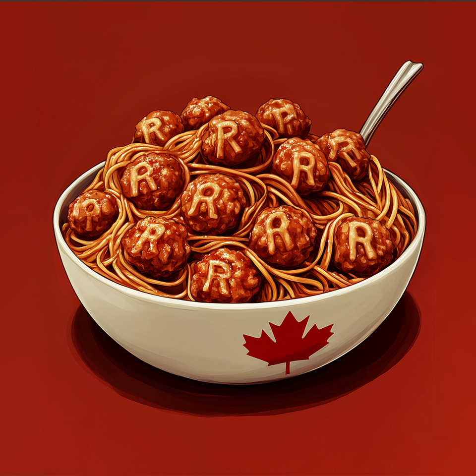 AI illustration featuring a maple leaf emblazened bowl of spaghetti with meatballs imprinted with the registered trademark symbol on a red background